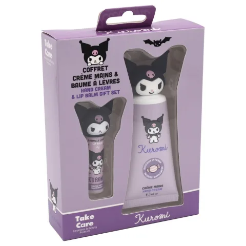 Cuida das mãos e dos lábios com o conjunto Kuromi Hello Kitty com creme de mãos e bálsamo labial. Um presente prático para fãs da Sanrio. Descobre-o já!