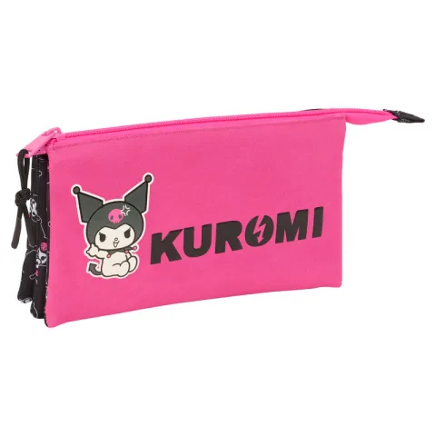 Organiza o material com o Estojo Triplo Kuromi Hello Kitty da Safta: três compartimentos com fecho e bolso interior