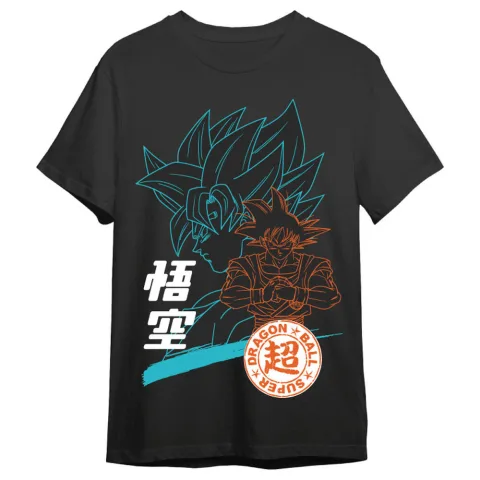 As silhuetas de Goku numa t-shirt de Dragon Ball Super para adulto