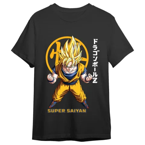 Goku Super Saiyan e caracteres kanji juntam-se nesta T-shirt Dragon Ball Z para adulto