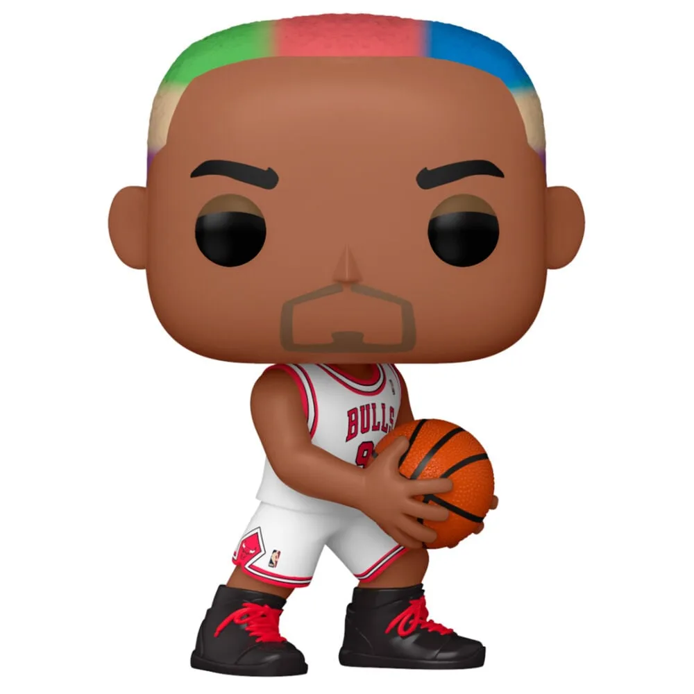 Dennis Rodman com o equipamento principal dos Chicago Bulls numa figura Funko POP! NBA Legends em vinil de 9 cm. Descobre esta lenda irreverente do basquetebol.