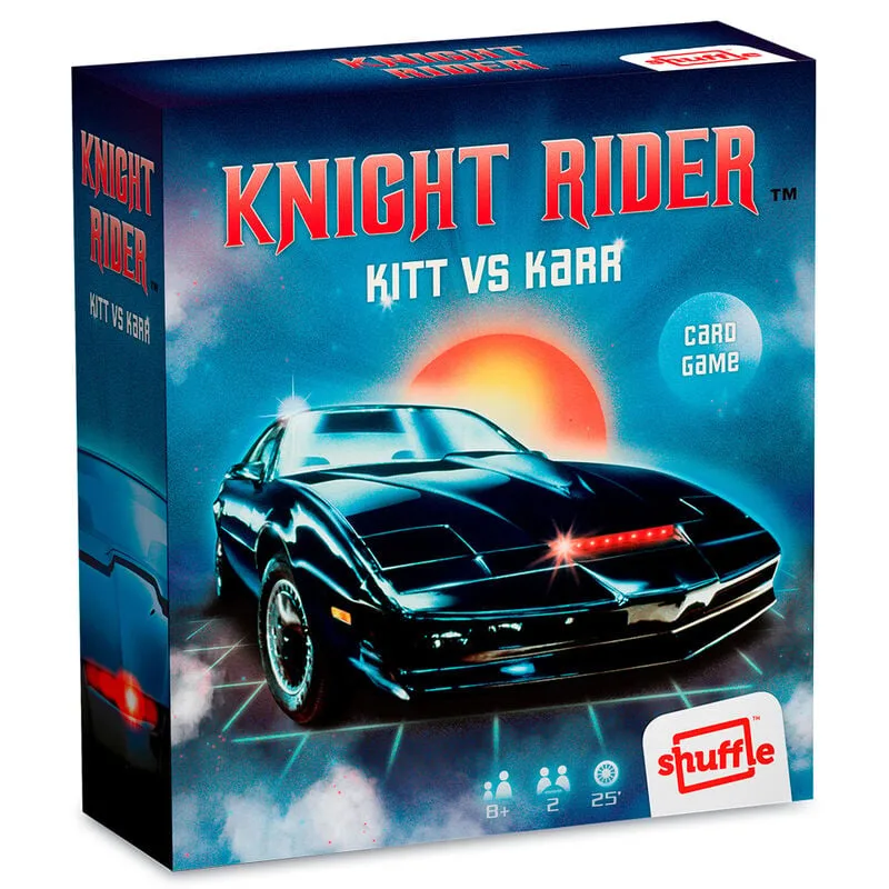 KITT contra KARR num duelo para 2 jogadores inspirado em Knight Rider. Jogo de mesa da Shuffle com partidas de 25 minutos