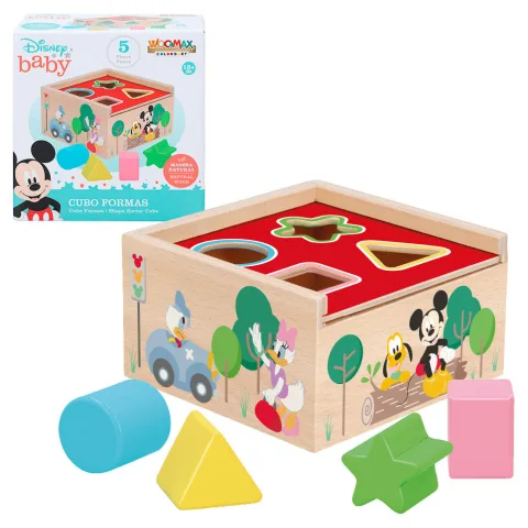 Cubo de Formas em Madeira Mickey e Minnie Disney de 13 cm