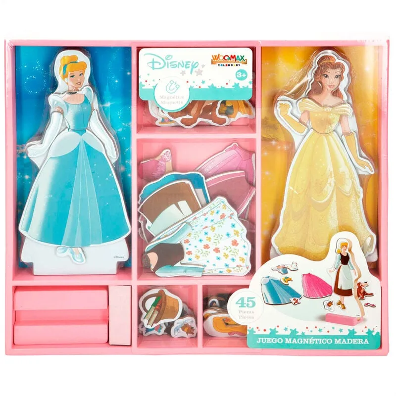 Cria looks de princesa com o Jogo Magnético de Madeira Vestidos das Princesas Disney: 45 peças magnéticas da Woomax para crianças a partir dos 3 anos.