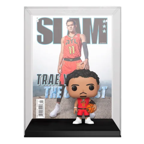Trae Young numa Funko POP! Cover com a reprodução de uma capa da revista SLAM e figura em vinil. Uma peça de exposição para fãs da NBA e do basquetebol.