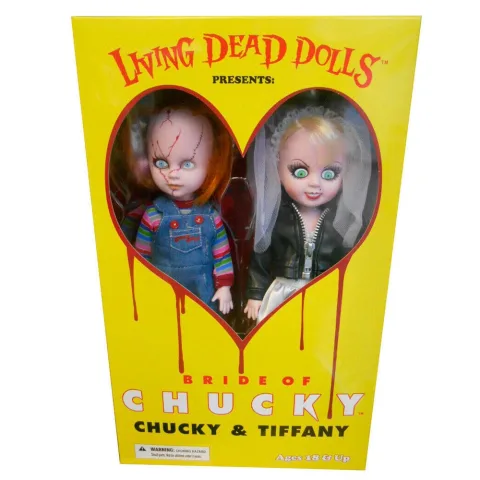 O Conjunto 2 Bonecos Chucky e Tiffany Living Dead Dolls da Mezco Toyz tem 25 cm
