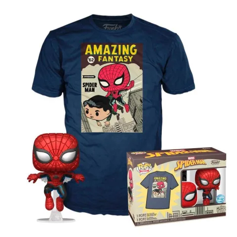 Set Funko POP! com t-shirt Marvel Homem-Aranha Comic Cover: figura de vinil e t-shirt para adulto na mesma caixa. Uma prenda para fãs de super-heróis.