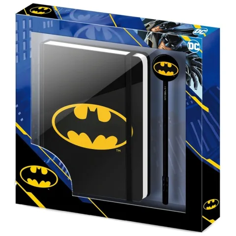 Conjunto de diário e caneta com o Bat-Sinal de Batman da DC Comics. Explora uma opção de papelaria para escrever ideias e planos com o Cavaleiro das Trevas.