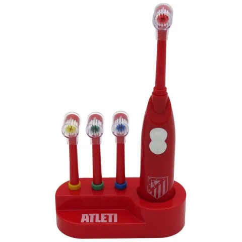 Escova de dentes elétrica do Atlético de Madrid com 3 cabeças de substituição e design ergonómico. Funciona com duas pilhas AA