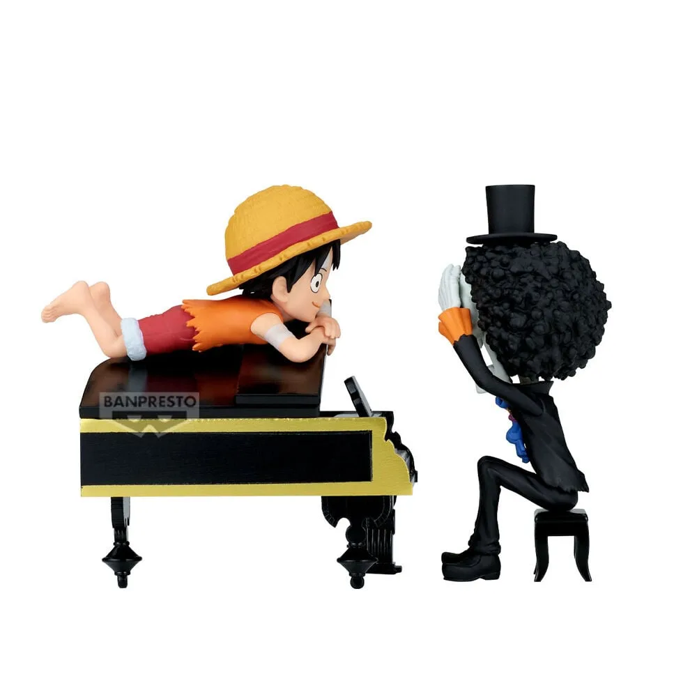 Luffy e Brook numa figura World Collectable Stories de One Piece com cerca de 8 cm. Um colecionável compacto para reunir os Chapéu de Palha. Descobre já!