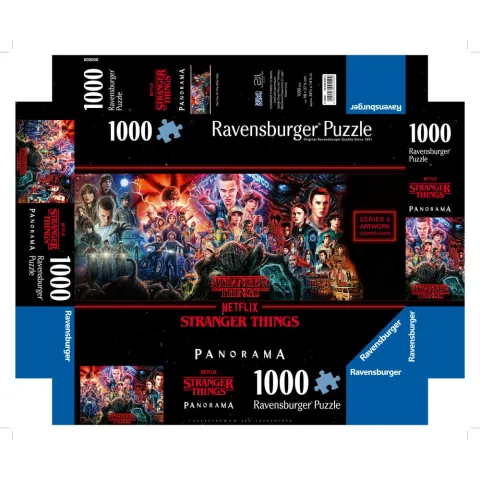 Puzzle panorama Stranger Things com 1000 peças da Ravensburger e 98 x 38 cm depois de montado. Para fãs de Hawkins que gostam de desafios. Descobre já!