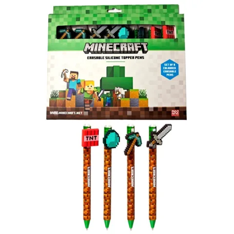 Conjunto de 8 esferográficas de cores apagáveis com o tema Minecraft