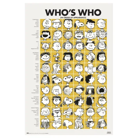 Dá vida à parede com o Poster Quem é Quem Snoopy da Erik. Papel brilhante de 150 gr e grande formato de 91