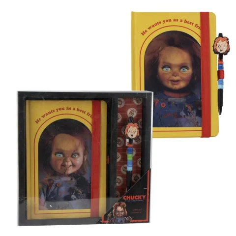Conjunto de papelaria do Chucky para fãs de terror que querem dar personalidade aos estudos ou ao escritório. Um presente original para o Halloween.