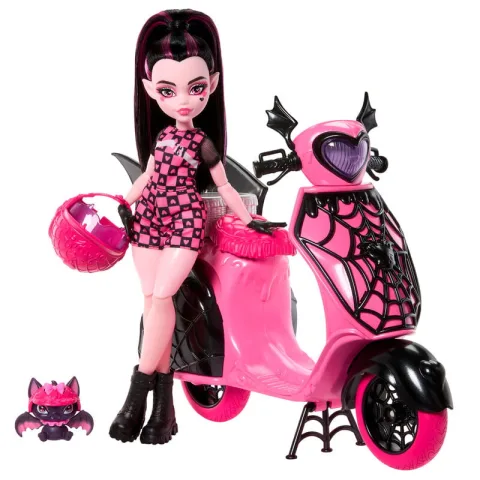 Passeia com a Boneca Draculaura com Scooter Monster High da Mattel: rodas giratórias
