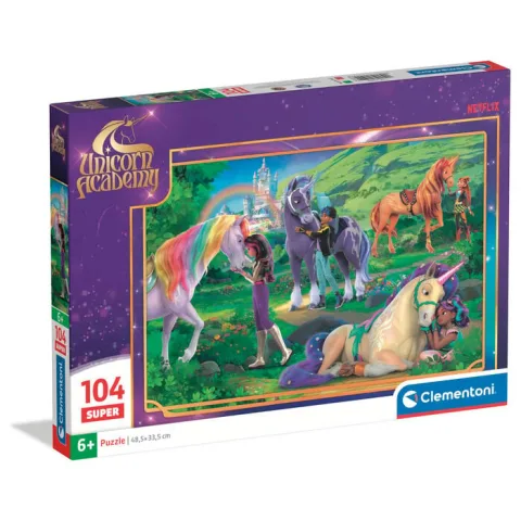Puzzle Unicorn Academy da Clementoni com 104 peças e 38x27 cm. Cria a cena mágica com unicórnios e personagens da série