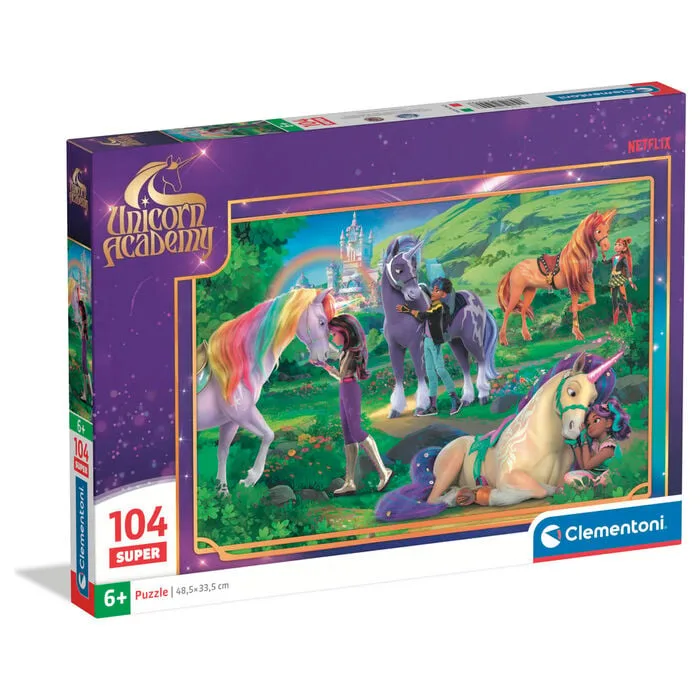 Puzzle Unicorn Academy da Clementoni com 104 peças e 38x27 cm. Cria a cena mágica com unicórnios e personagens da série