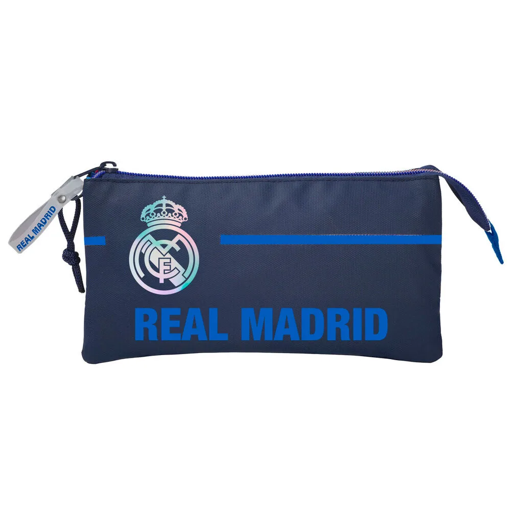 Estojo triplo Real Madrid em poliéster com perfil fino de 23 x 13 x 3 cm