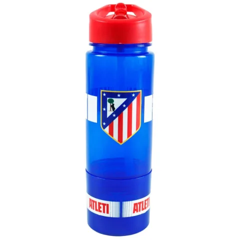 Garrafa do Atlético de Madrid com 450 ml e compartimento na base para snacks ou suplementos. Tampa larga que aceita gelo e pega de transporte. Explora já!