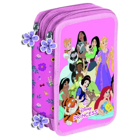Estojo triplo das Princesas Disney com material Giotto incluído. Três compartimentos para organizar lápis e canetas na escola. Compra já para o novo ano!