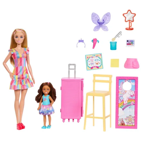 Brinca com o Conjunto de 2 Bonecas Posto de Maquilhagem Barbie da Mattel