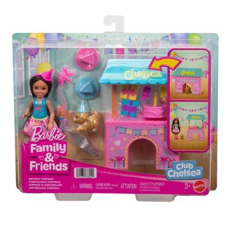 Festa de aniversário com a Chelsea da Barbie e o seu cãozinho: a casota vira mesa de festa e traz 12 acessórios. Brinquedo da Mattel para maiores de 3 anos.