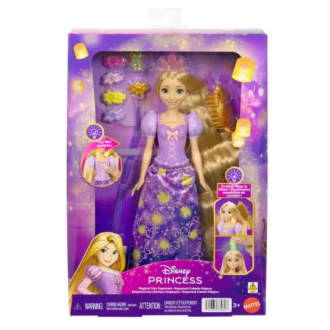 Boneca Rapunzel Reveal de Entrelaçados da Disney com cabelo que se ilumina em dourado ao ser escovado. Inclui escova