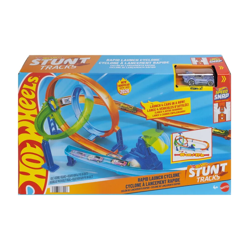 Dispara o teu carro com o Ciclone de Lançamento Rápido Hot Wheels Stunt Tracks: dois loopings