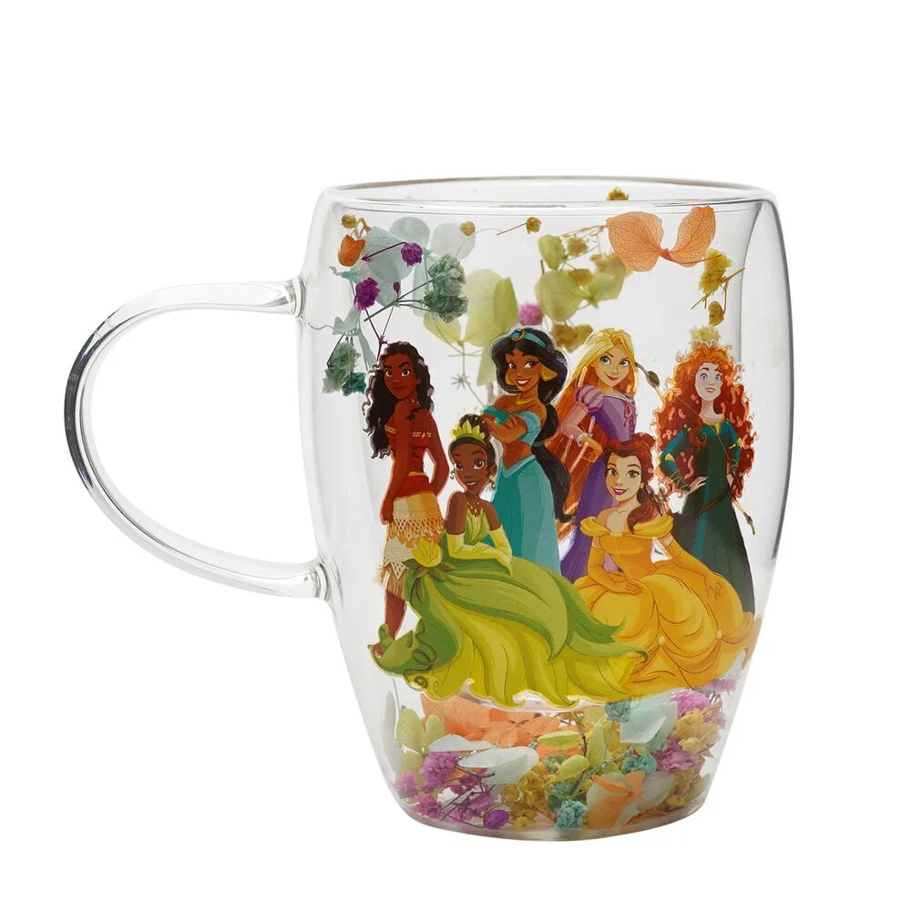 Caneca de vidro com flores secas e as Princesas Disney Ariel
