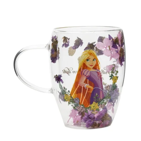 Caneca de vidro transparente das Princesas Disney com desenho floral e a Rapunzel num campo em flor. Um presente para fãs da Disney. Descobre já!