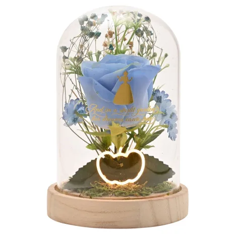 Ilumina o teu espaço com a Cúpula de Flor de Néon Cinderela Princesas Disney da Widdop & Co. Base de madeira rústica e brilho especial. Descobre!