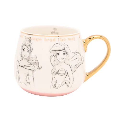 Caneca das Princesas Disney em porcelana com ilustrações esboçadas e detalhes dourados