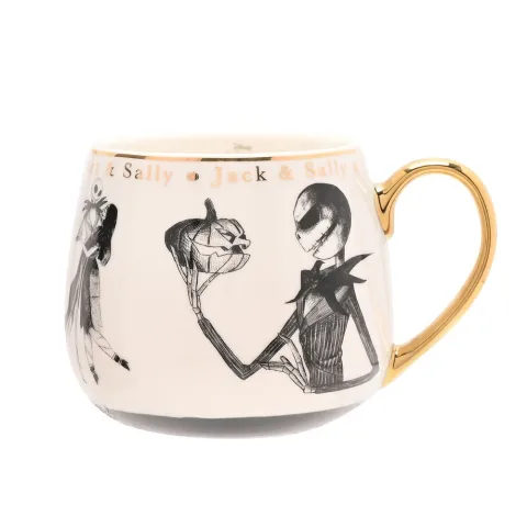 Caneca de porcelana de O Estranho Mundo de Jack com ilustrações em esboço e detalhes dourados. Um toque elegante de Halloween Town. Descobre já!