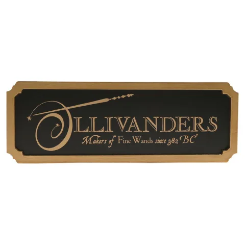 Decora com a placa Ollivanders Harry Potter em metal preto