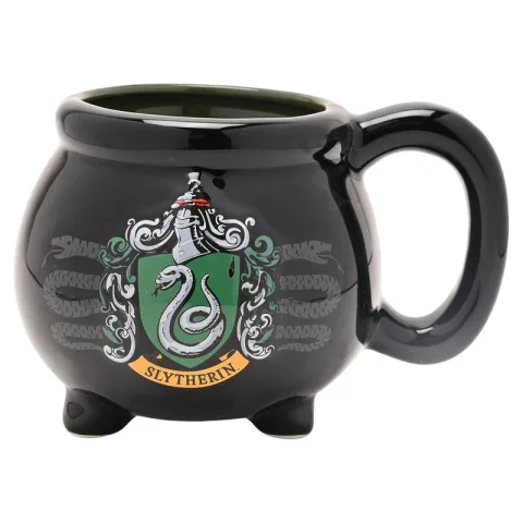 Caneca em forma de caldeirão com o brasão de Slytherin