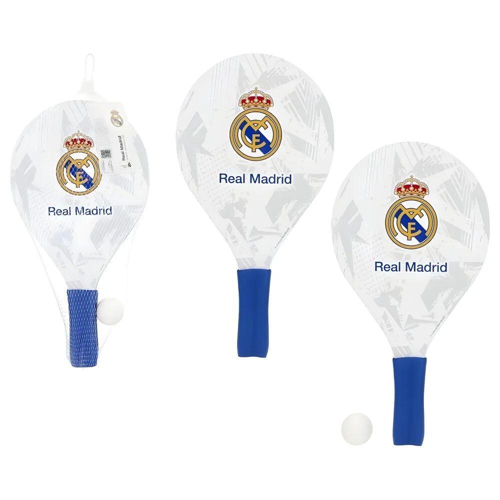 Conjunto de Raquetes de Praia Real Madrid em madeira com bola incluída. Diversão garantida na areia