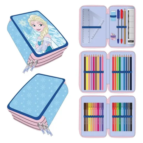 O Estojo Triplo Elsa Frozen Disney da Cerdá organiza o material escolar com estilo. Em poliéster e PVC