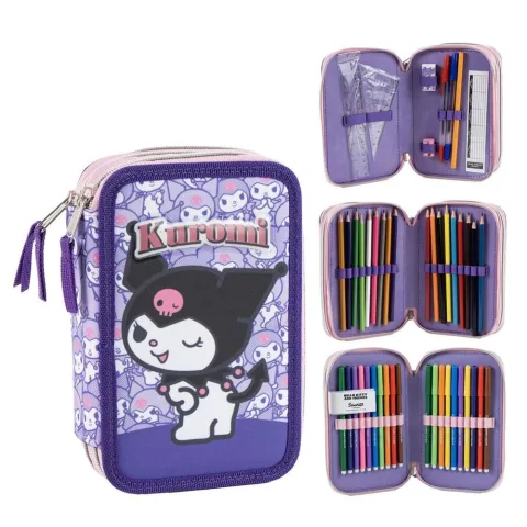 Organiza o material no Estojo Triplo Kuromi Hello Kitty da Cerdá: três compartimentos