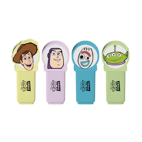 Sublinha com estilo através do Set de 4 Marcadores Fluorescentes com Topper Toy Story Disney Pixar da Erik. Cor e diversão nos estudos. Descobre já!