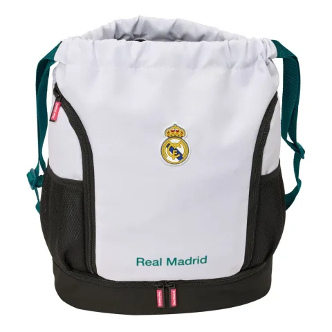 Saco mochila Real Madrid 26/27 de 40 cm com compartimento inferior para calçado e bolsos em rede para garrafa. Leve e ideal para o treino. Compra!