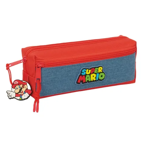 Estojo triplo Super Mario com três compartimentos e elástico traseiro para prender ao caderno ou à pasta. Explora o material escolar Nintendo para as aulas.