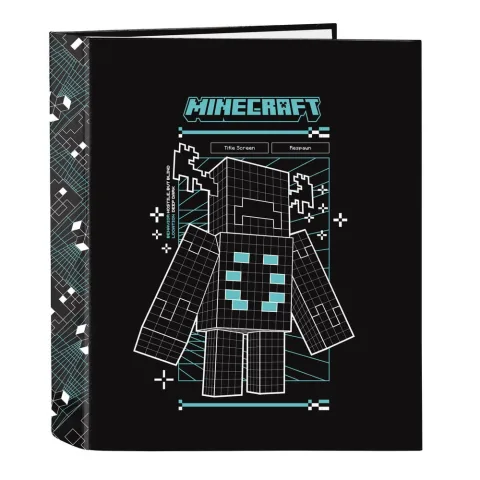 Dossiê A4 Minecraft Screen com lombada de 60 mm e quatro argolas de 40 mm. Muita capacidade para fichas e apontamentos. Descobre já a pasta da Safta.