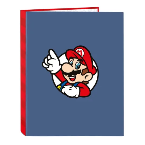 Pasta A4 de argolas Super Mario com capas duras forradas e quatro argolas de 25 mm. Arquiva fichas e apontamentos da escola com o universo Nintendo.