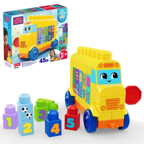 Autocarro dos Números Encaixáveis MEGA Bloks com 45 peças para pré-escolares aprenderem a empilhar e a contar de 1 a 10. Descobre este conjunto de blocos!