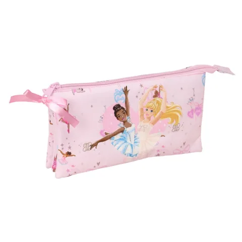 O Estojo Triplo Ballet Barbie da Safta tem três compartimentos com fecho e bolso interior central