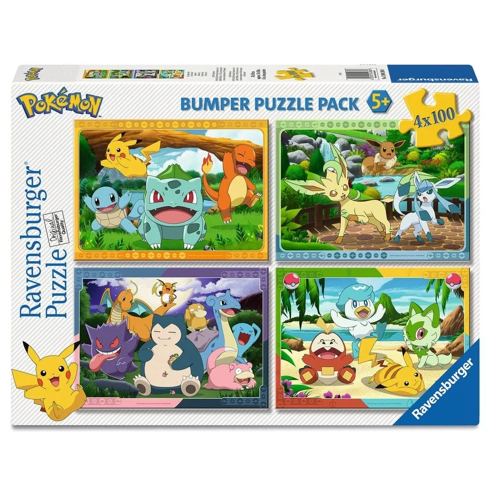 Conjunto Ravensburger com quatro puzzles Pokémon de 100 peças cada
