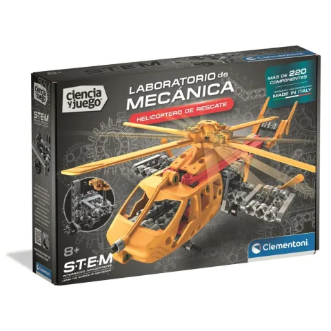 Monta um helicóptero de resgate com rotores e engrenagens em movimento. O kit Laboratório de Mecânica da Clementoni é para maiores de 8 anos.