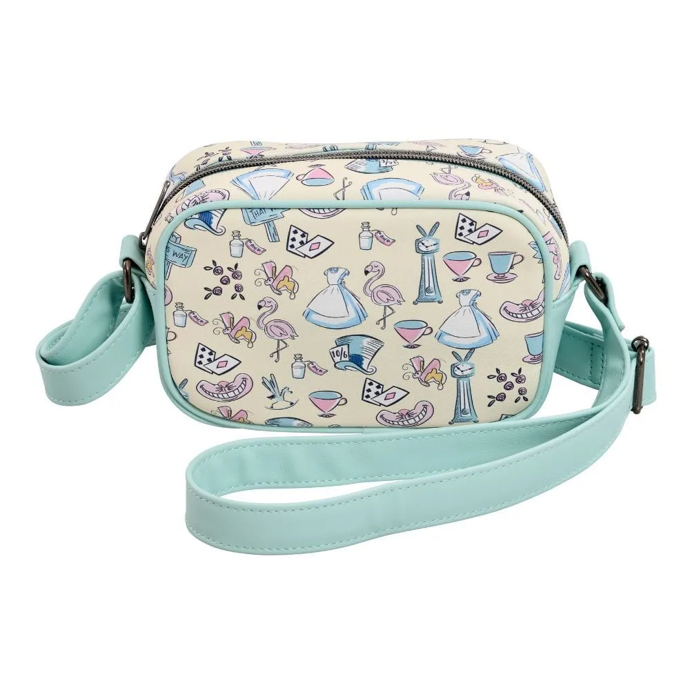 Bolsa a tiracolo de Alice no País das Maravilhas da Disney com estampado pastel. Um acessório de moda para fãs do clássico