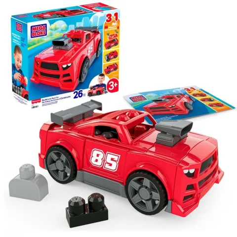 Monta um carro de corrida com 26 blocos grandes MEGA Bloks da Mattel e transforma-o numa pick-up ou hot rod. Construção 3 em 1 para maiores de 3 anos.
