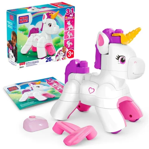 Constrói um unicórnio encantado com 26 blocos grandes MEGA Bloks da Mattel e transforma-o em cachorrinho ou cavalo alado. Para crianças a partir dos 3 anos.